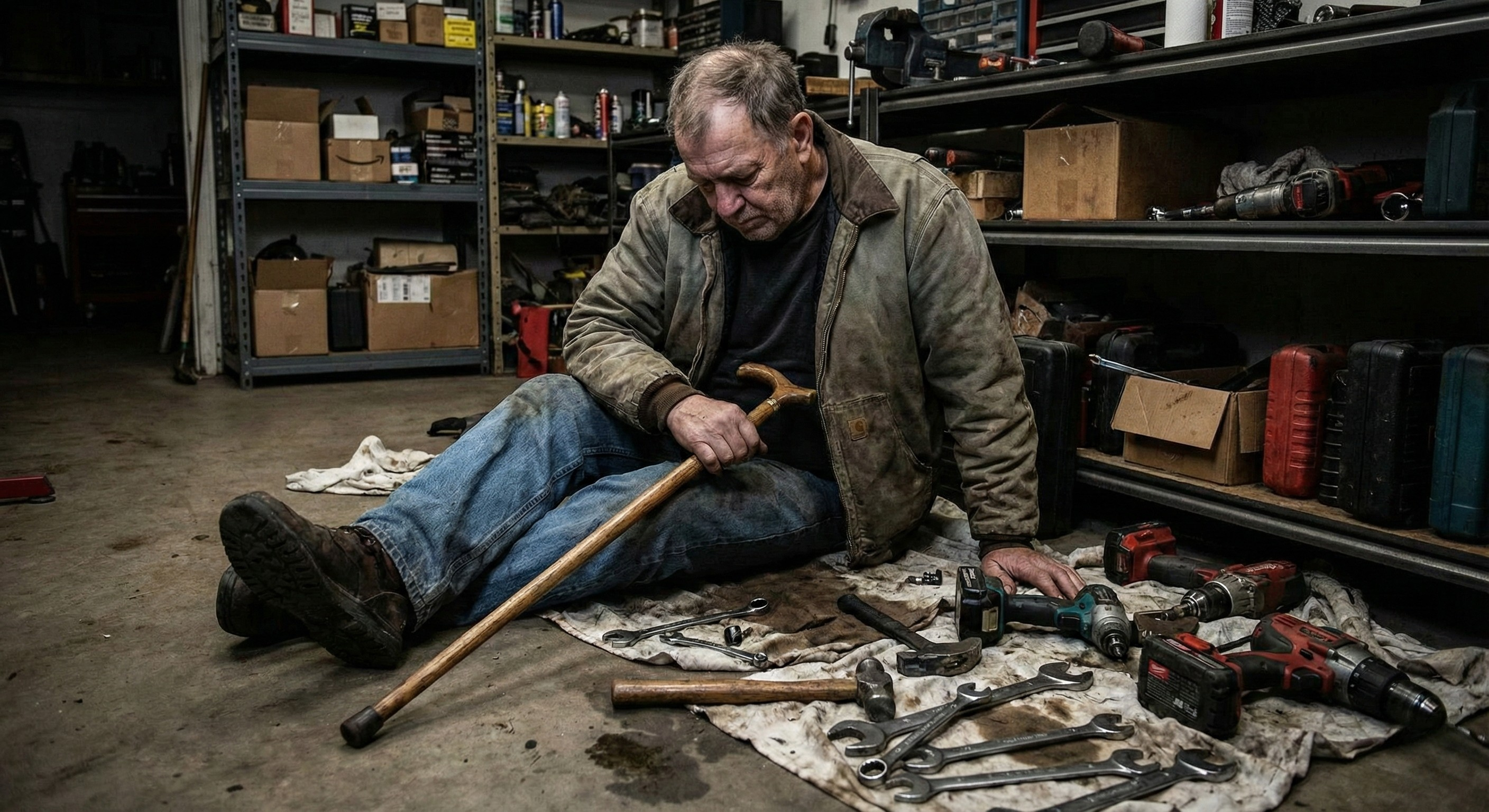 Man sitting on garage floor